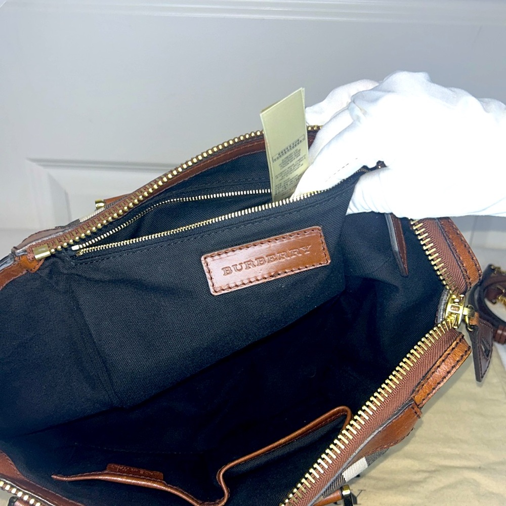 Burberry Gladstone Brown & Yellow House Check Leather Satchel Tote bag lock key - Picture 12 of 17